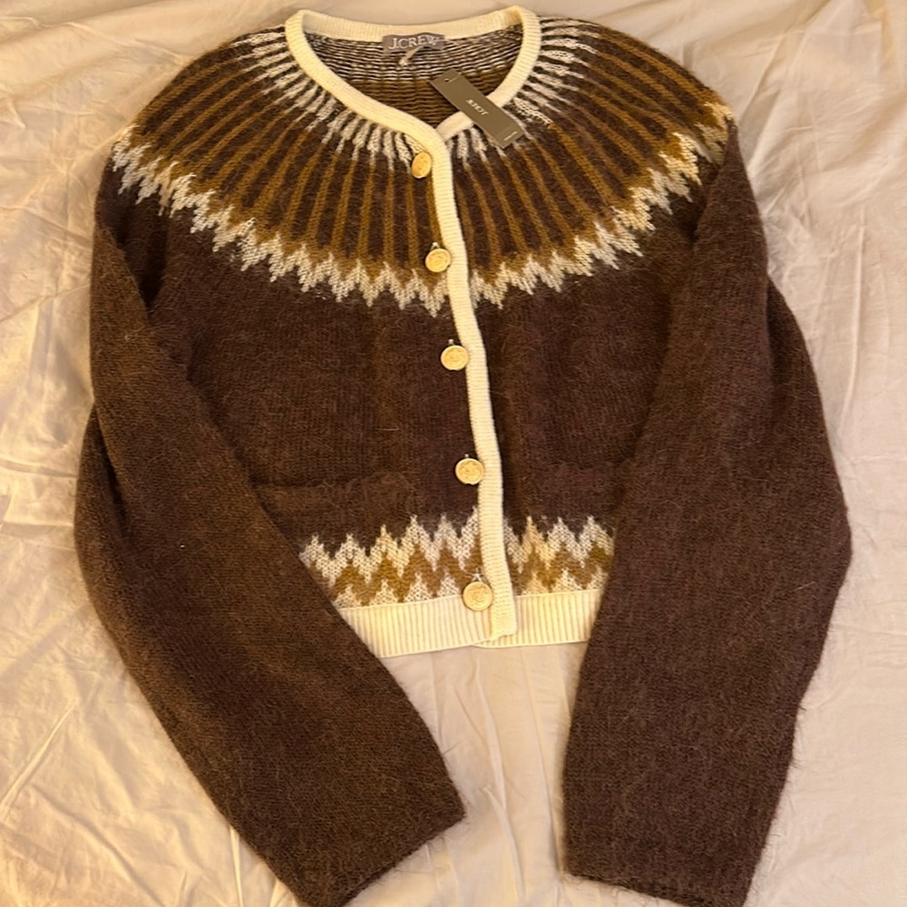 J Crew Fair Isle cardigan sweater in brushed yarn. Brown & cream w gold buttons.